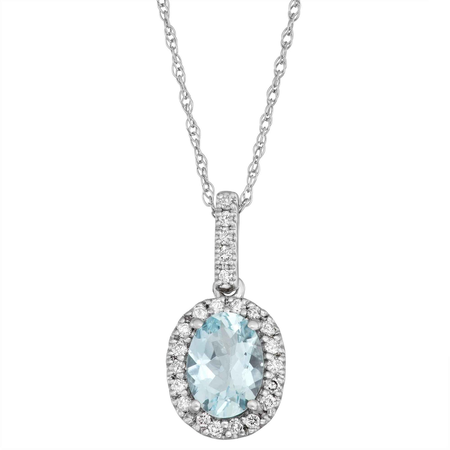 Genuine Oval Aquamarine Fashion Pendant with 1/10 ct. tw. Diamond Halo & Bail in 10K White Gold
