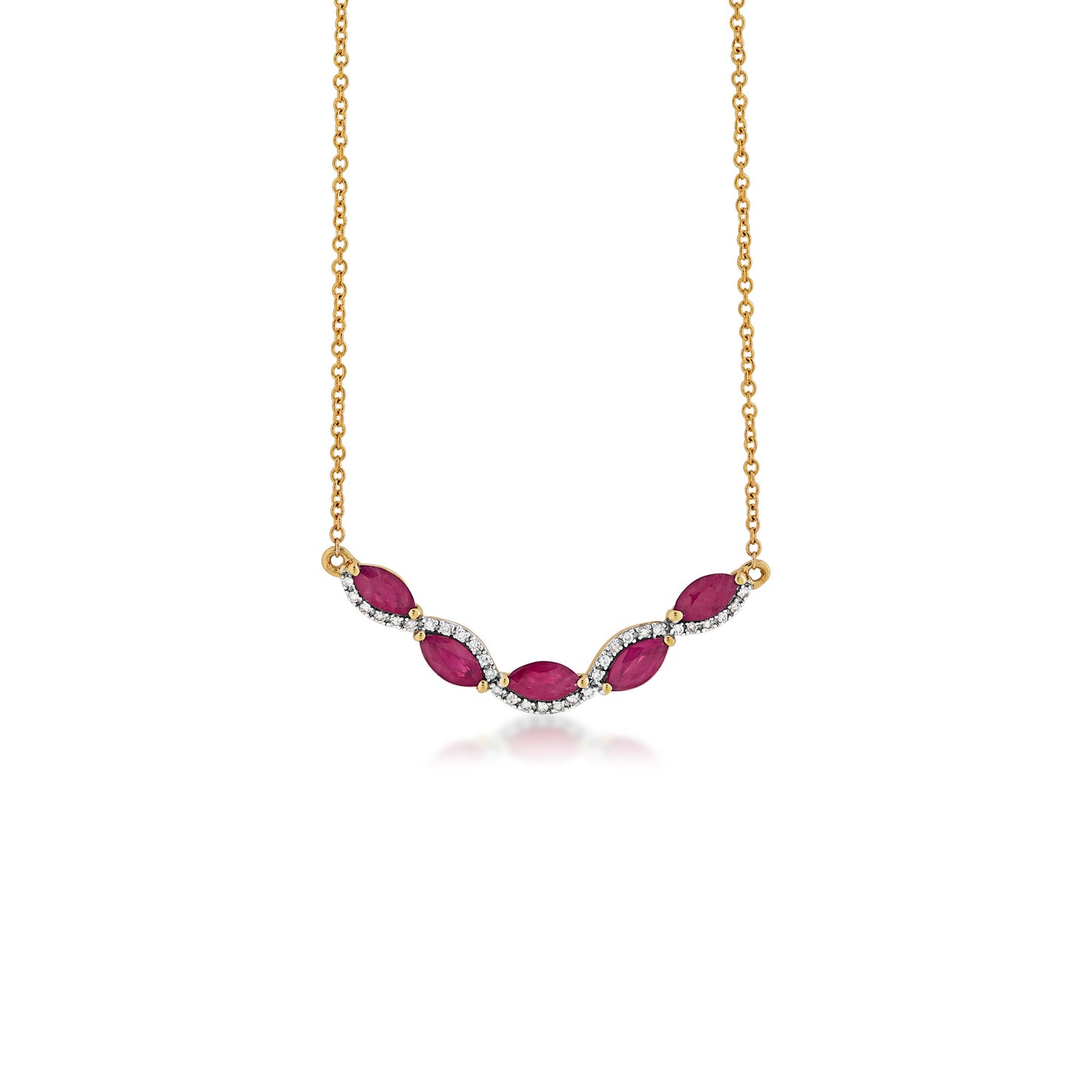 Genuine Marquise Ruby Fashion Necklace with .06 ct. tw. Diamond Ribbon in 10K Yellow Gold