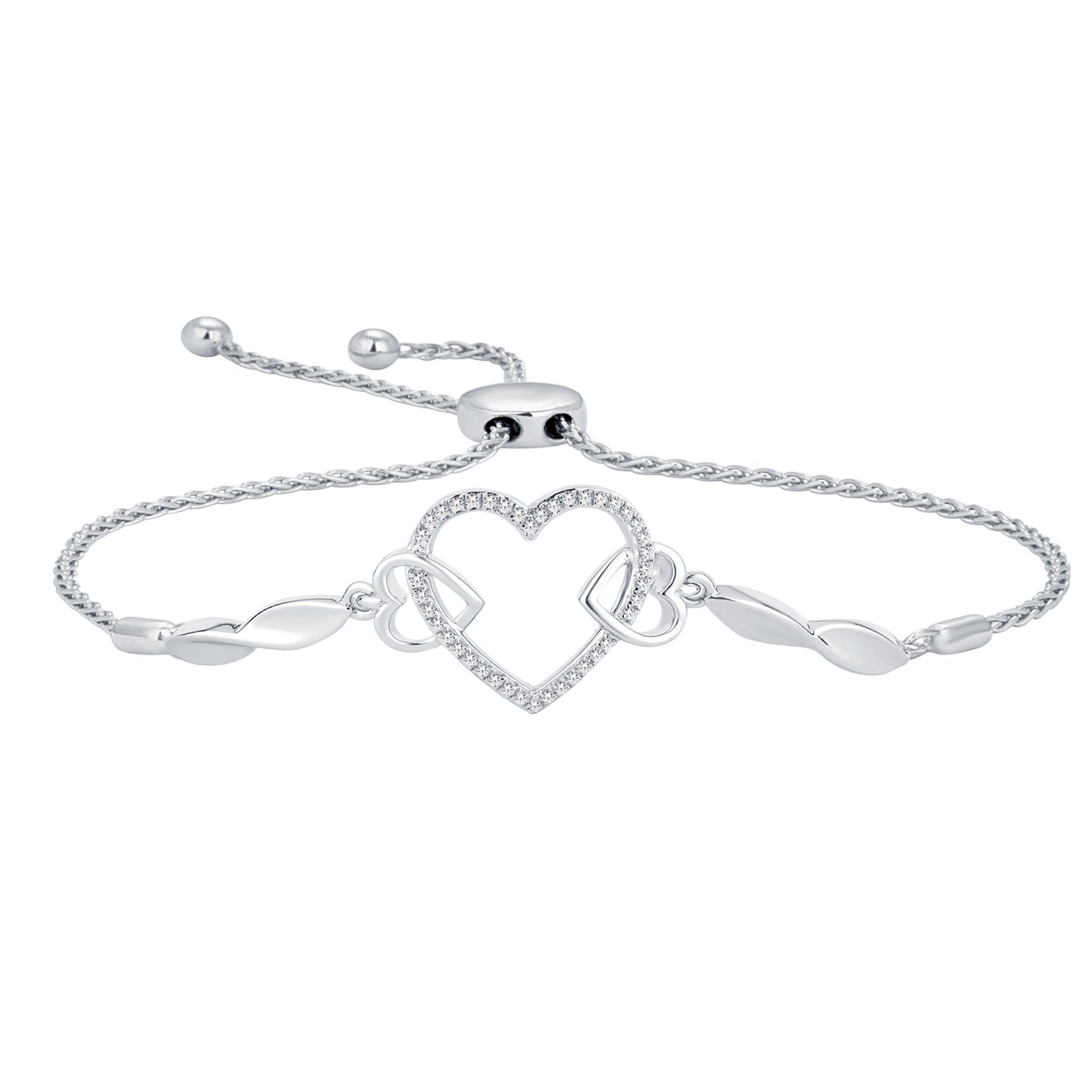 1/8 ct. tw. Triple Heart Bolo Bracelet with Twist Accents in Sterling Silver