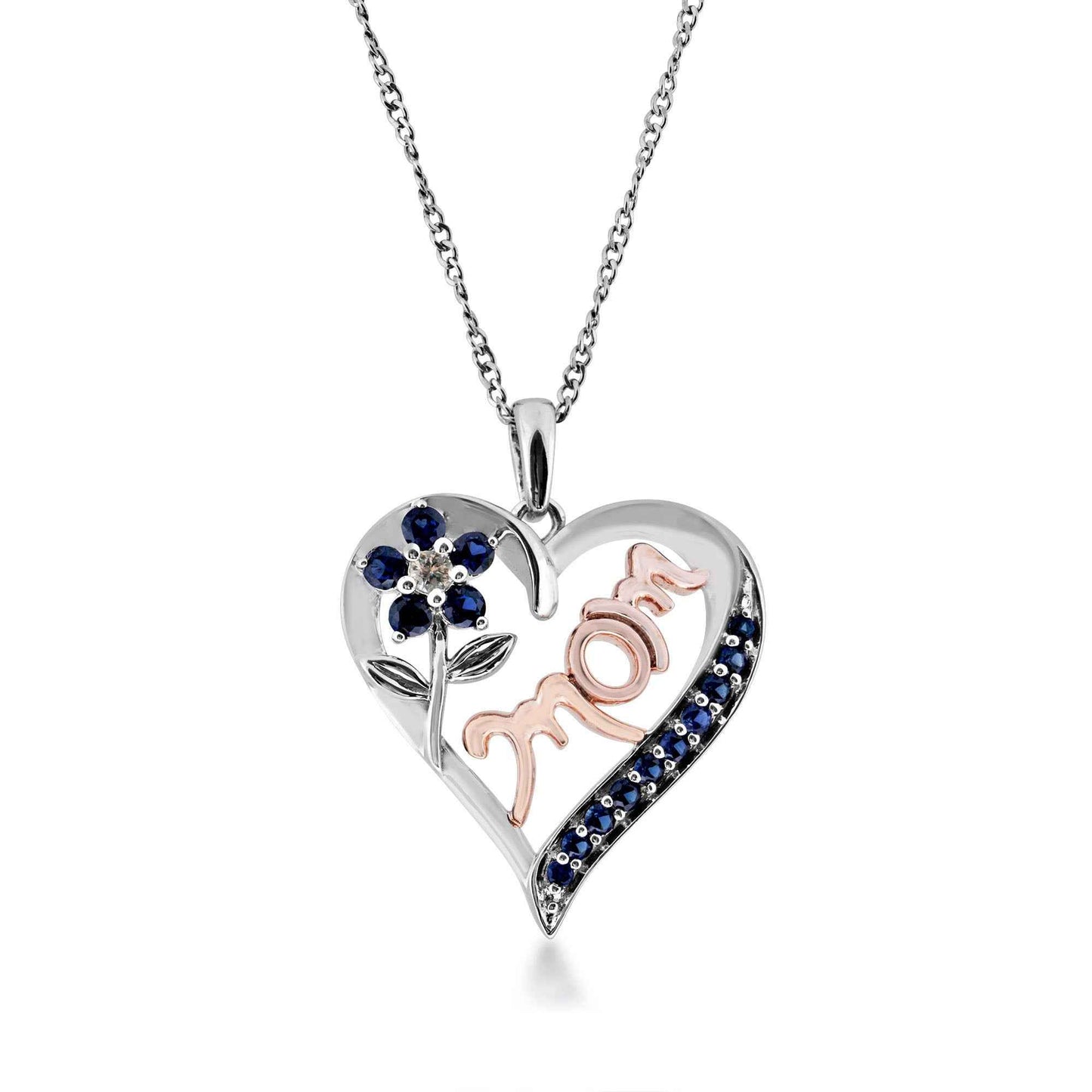 Created Blue Sapphire Mom Heart Pendant with Flower in Sterling Silver