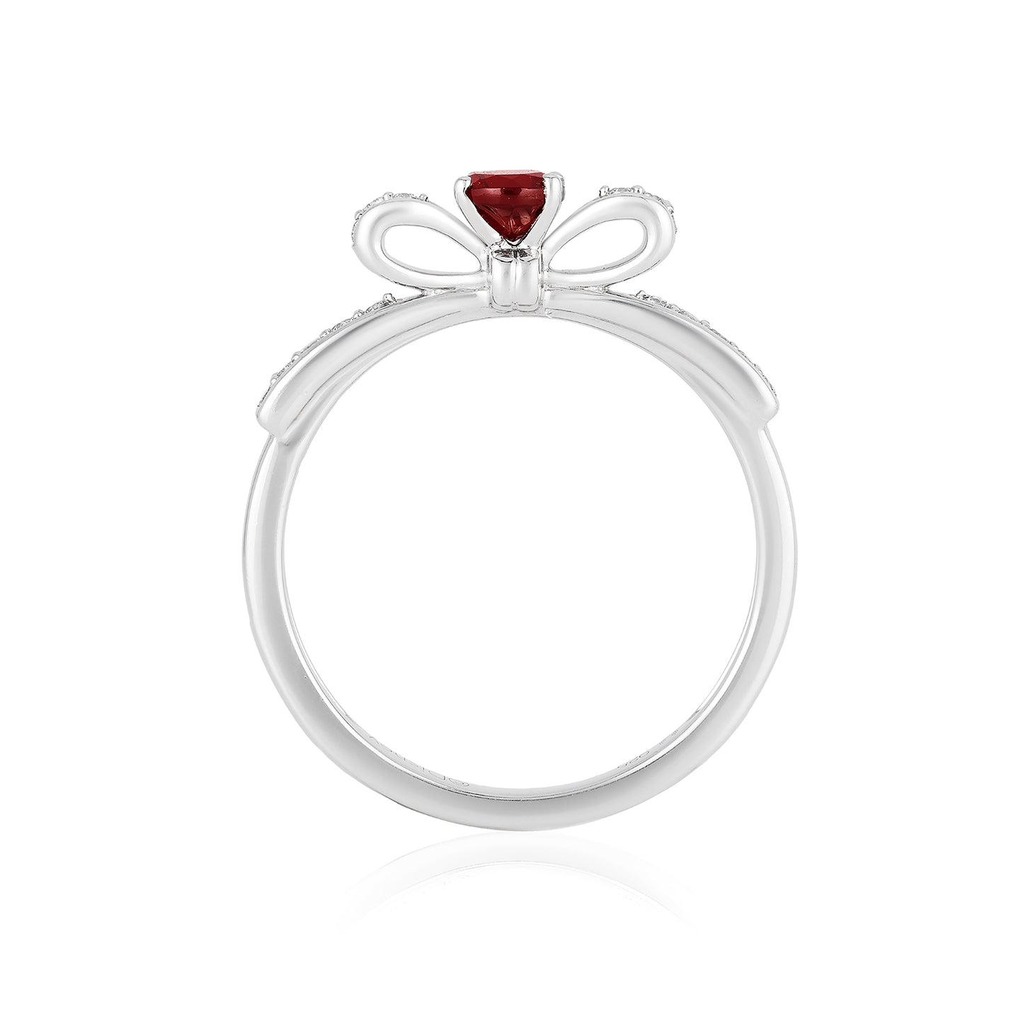 Enchanted Disney Snow White Garnet and 1/10 ct. tw. Diamond Bow Ring in Sterling Silver full view
