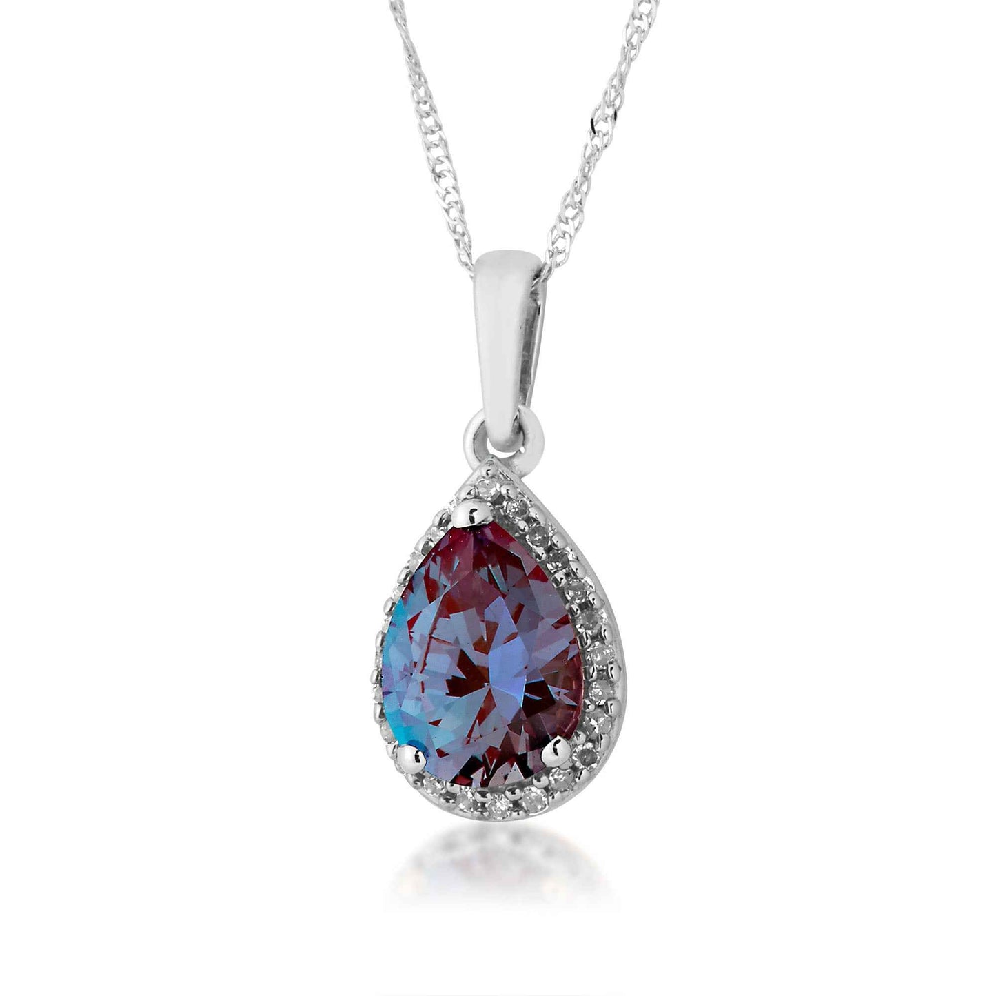 Created Pear Alexandrite & Diamond Halo Pendant in 10K White Gold