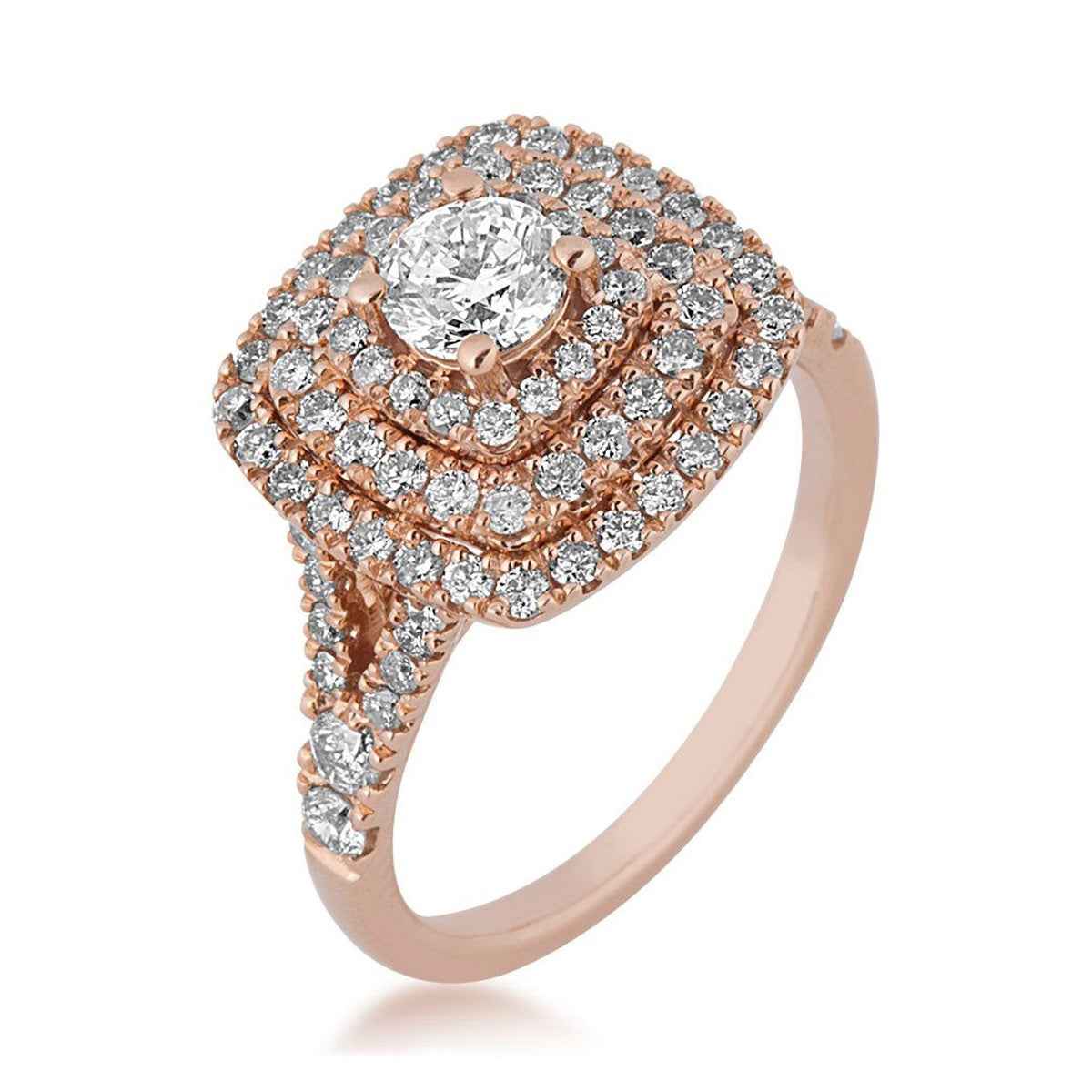 Round Brilliant Diamond triple halo Engagement Ring in Pink Gold close-up detail