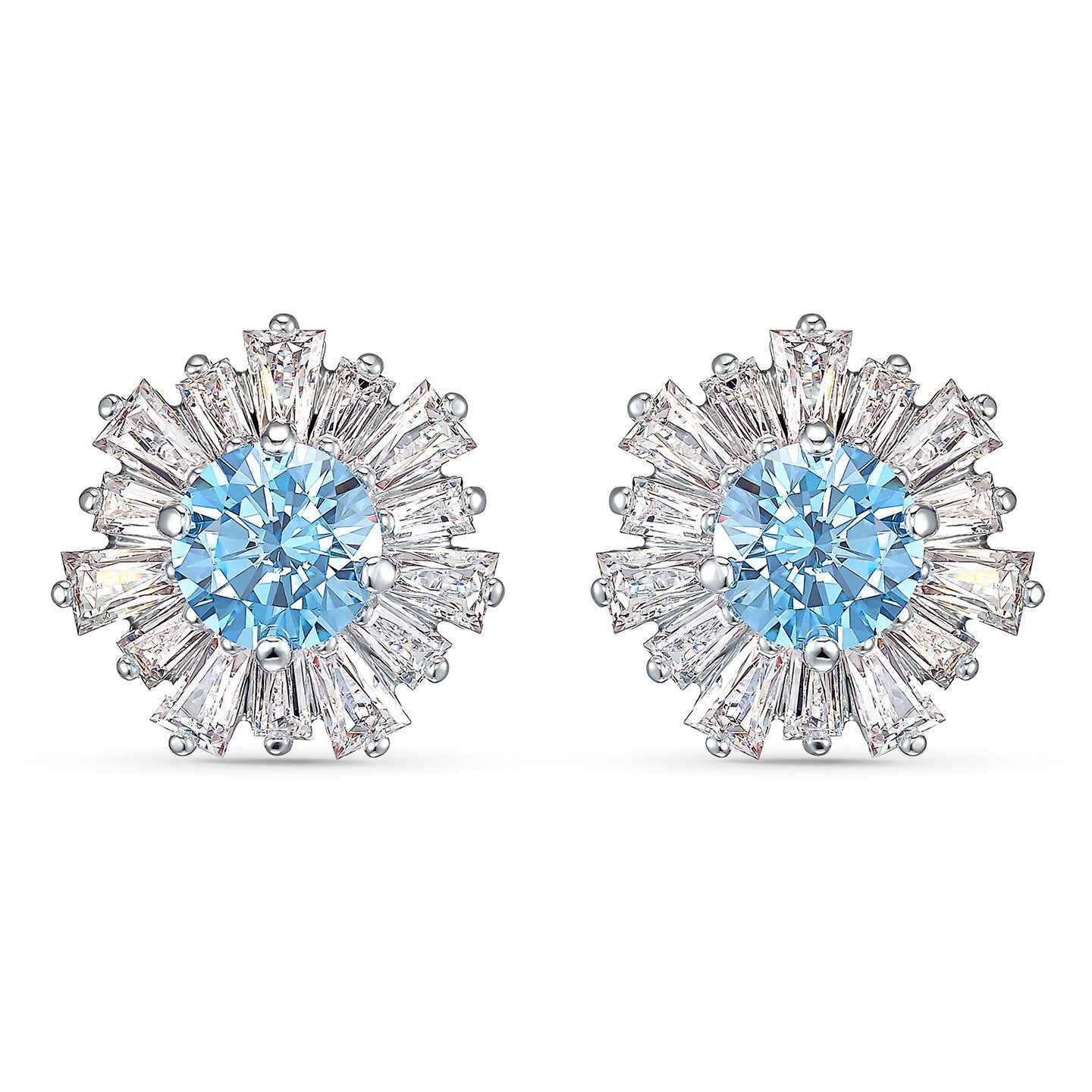 Swarovski Sunshine Blue Crystal Flower Stud Earrings in Silver Rhodium Plating