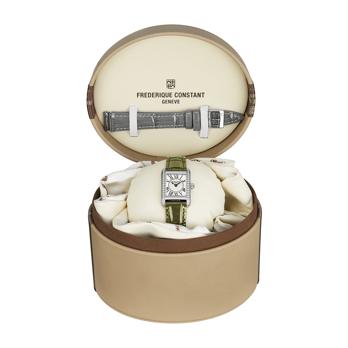 Frederique Constant Ladies' Carree Quartz Stainless Steel Watch with White Dial & Green Leather Strap close-up detail