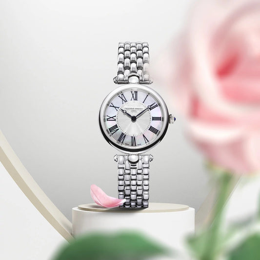 Frederique Constant Ladies' Art Deco Quartz Stainless Steel Watch with White Dial close-up detail