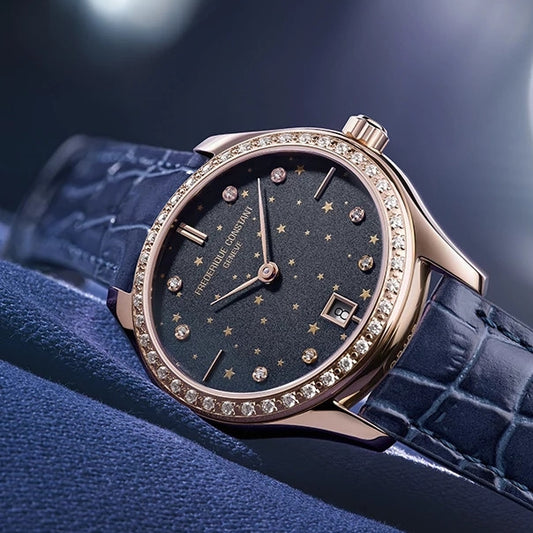 Frederique Constant Ladies' Quartz Stainless Steel Watch with Black Dial & Leather Strap close-up detail