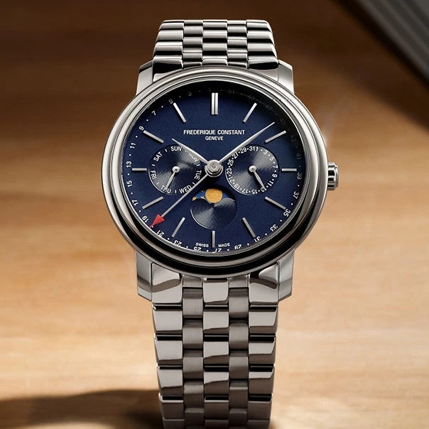 Frederique Constant Men's Index Business Timer Quartz Stainless Steel Watch with Blue Dial close-up detail