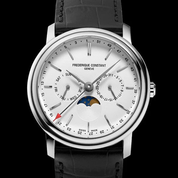 Frederique Constant Men's Index Business Timer Quartz Stainless Steel Watch with Silver Dial & Black Leather close-up detail