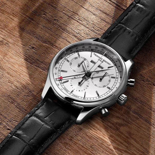 Frederique Constant Men's Triple Calendar Quartz Stainless Steel Watch with White Dial & Black Leather Strap close-up detail