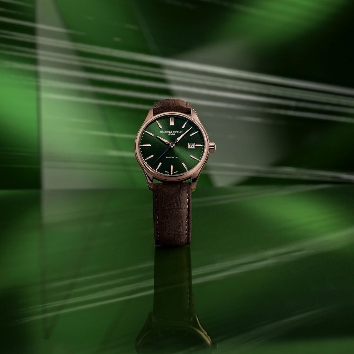 Frederique Constant Men's Index Automatic Rose Gold-Tone Stainless Steel Watch with Green Dial & Brown close-up detail