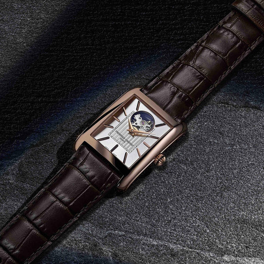 Frederique Constant Men's Carree Heart Beat Automatic Rose Gold-Tone Stainless Steel watch with White Dial close-up detail