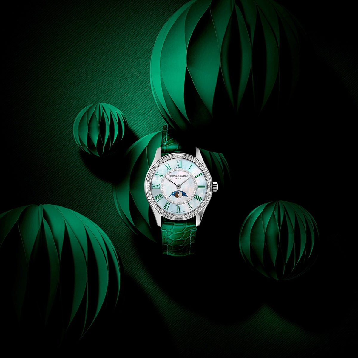 Frederique Constant Ladies' Elegance Luna Automatic Stainless Steel Watch with White Dial & Green Leather close-up detail