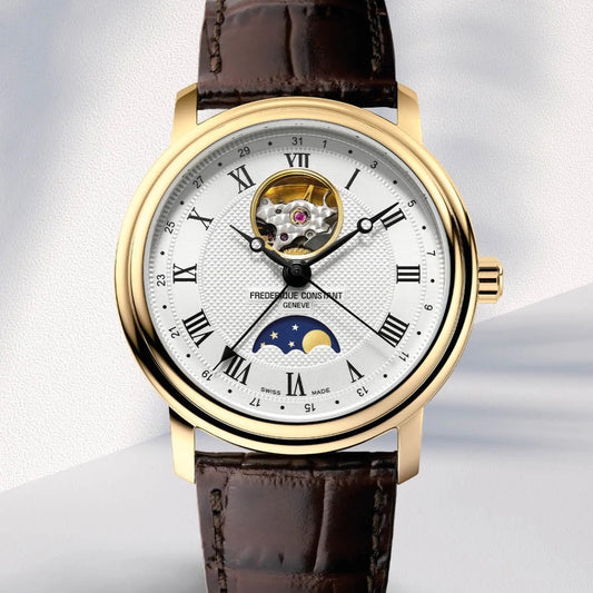 Frederique Constant Men's Classics Heart Beat Moonphase Gold-Tone Stainless Steel Watch with Silver Dial close-up detail