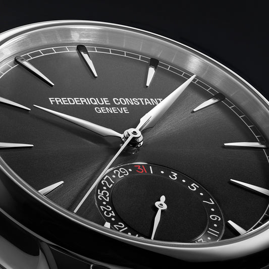 Frederique Constant Men's Classic Date Manufacture Stainless Steel Watch with Black Dial & Black Leather close-up detail