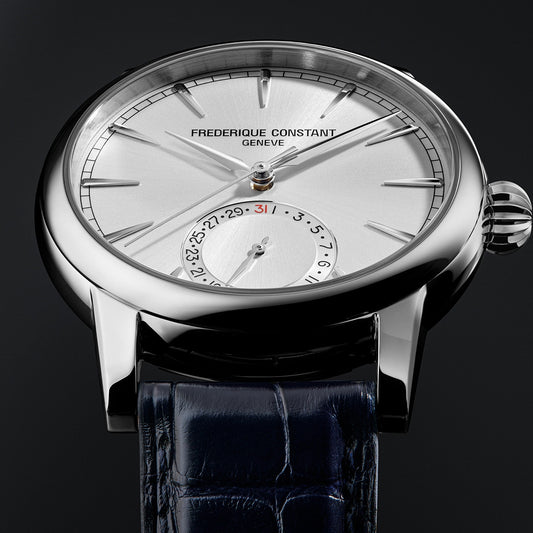 Frederique Constant Men's Classic Date Manufacture Stainless Steel Watch with Silver Dial & Blue Leather close-up detail