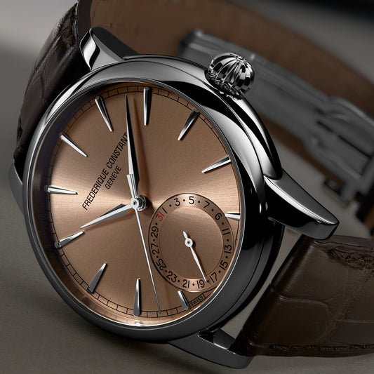 Frederique Constant Men's Classic Date Manufacture Stainless Steel Watch with Salmon Dial & Brown Leather close-up detail