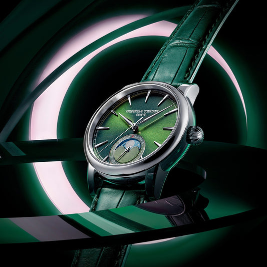 Frederique Constant Men's Moonphase Date Manufacture Stainless Steel Watch with Green Dial & Leather Strap close-up detail