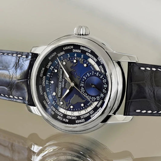 Frederique Constant Men's Worldtimer Manufacture Stainless Steel Watch with Blue Dial & Leather Strap close-up detail