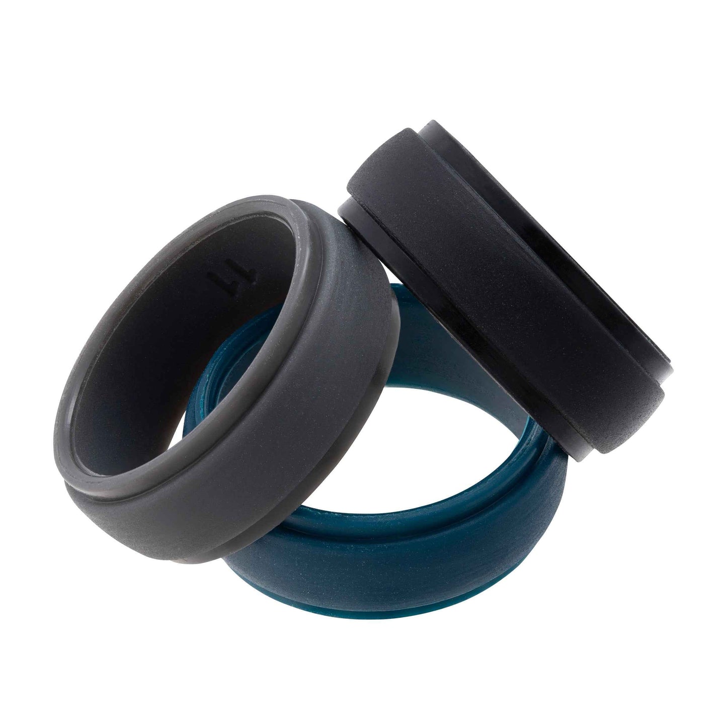 Set of 3 Silicone Men's Wedding Bands in Black, Gray, and Blue Colors