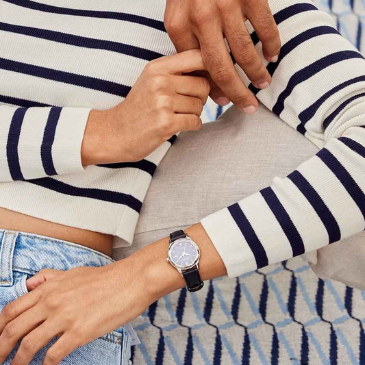 Citizen Ladies' Classic Eco-Drive Stainless Steel Watch with Blue Dial & Black Leather Strap close-up detail