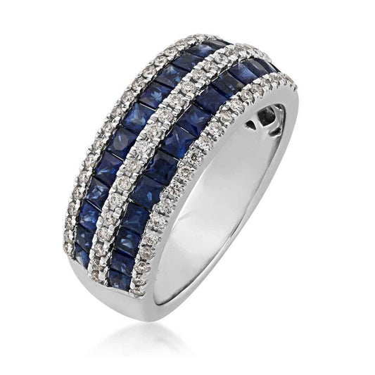 Princess Cut Sapphire and 1/3 ct. tw. Triple Row Diamond Fashion Band in 10K White Gold front view