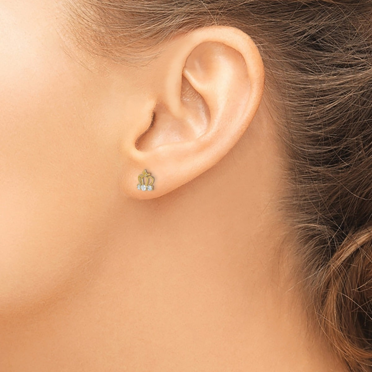 Children's CZ Crown Earrings in 14K Yellow Gold close-up detail