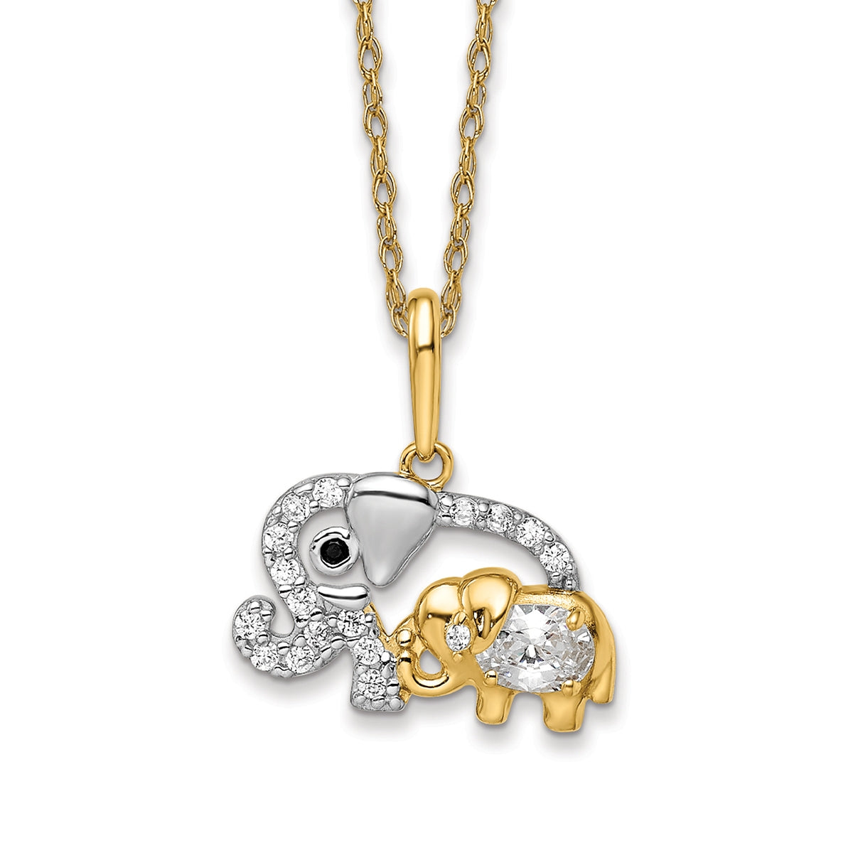 Children's White & Black CZ Elephant Pendant with Rhodium Plating in 14K Yellow Gold