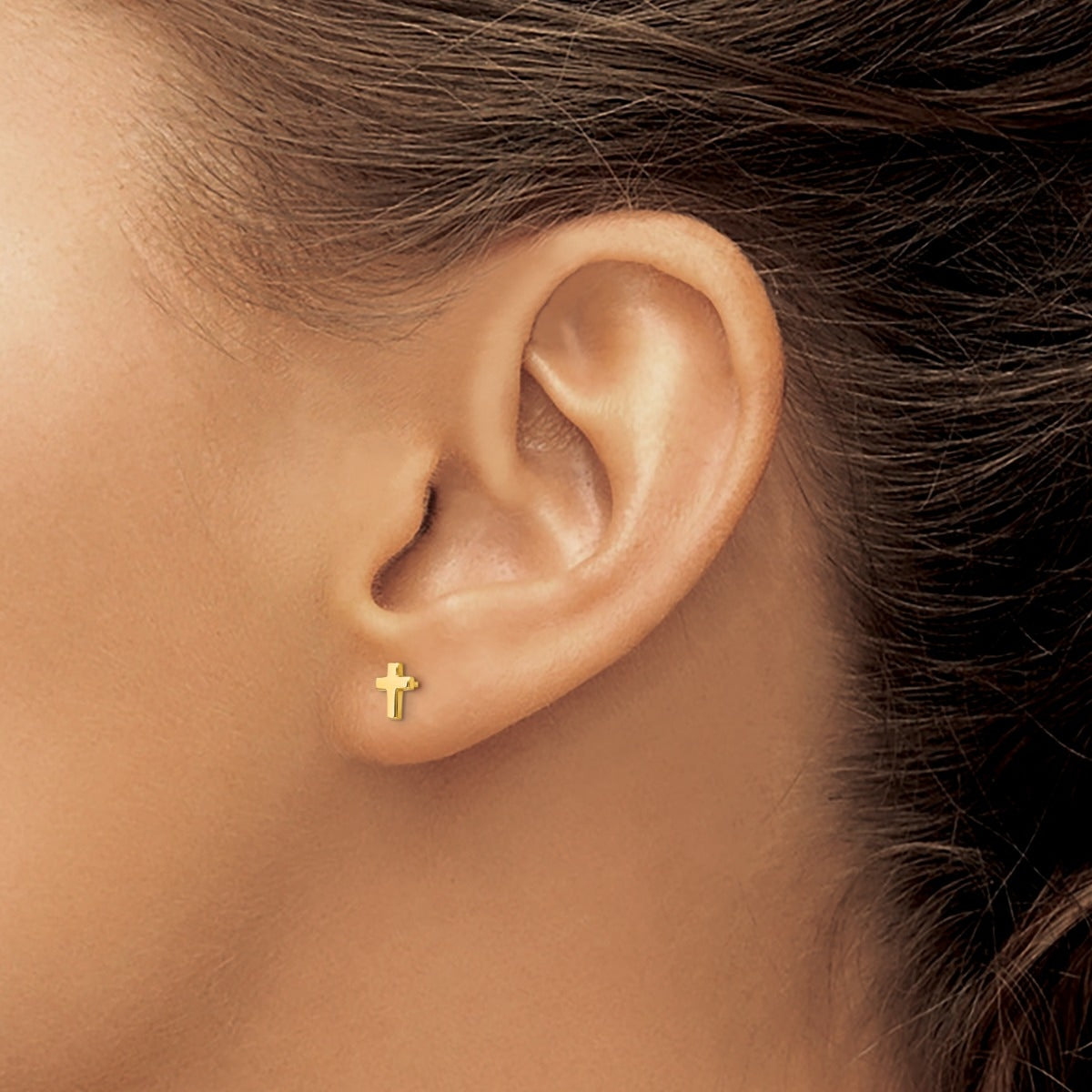 Children's Cross Stud Earrings in 14K Yellow Gold close-up detail