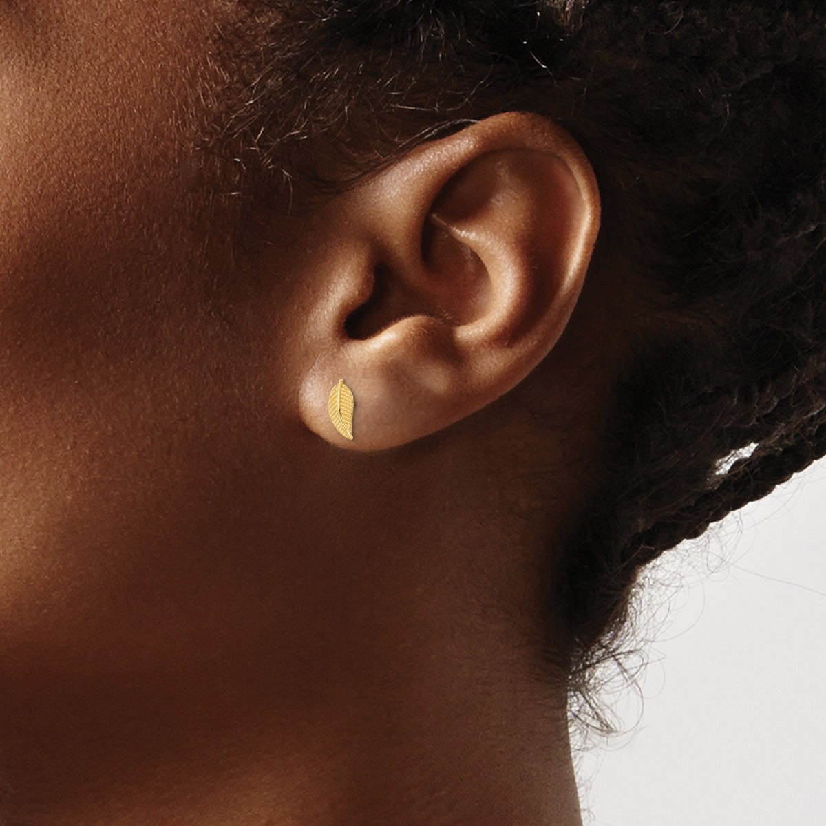 Children's Leaf Stud Earrings in 14K Yellow Gold close-up detail