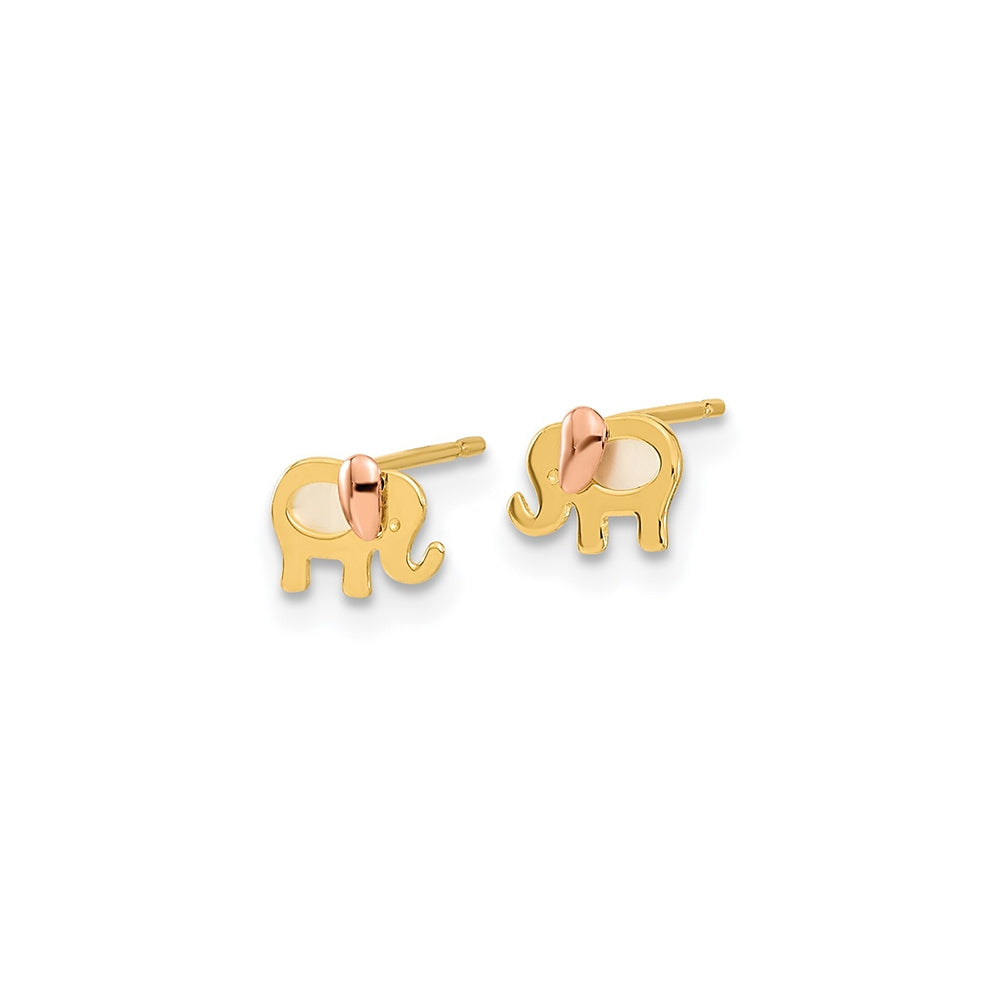 Children's Mother of Pearl Polished Elephant Earrings in 14K Yellow & Pink Gold front view