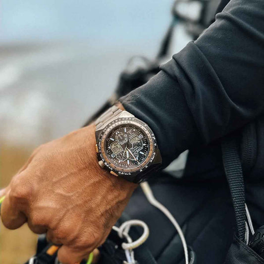 Citizen Men's Promaster Skyhawk A-T Gray Stainless Steel Watch with Black Dial close-up detail