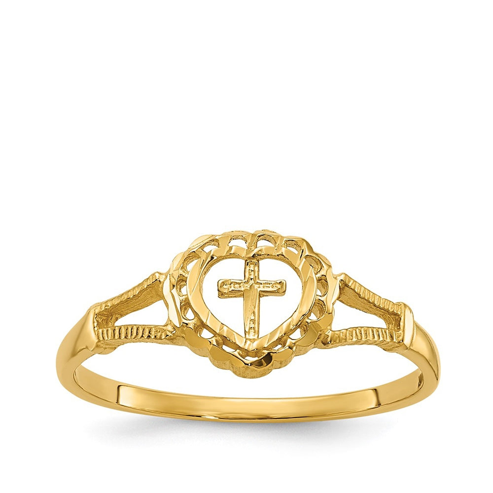 Children's Diamond Cut Heart & Cross Ring in 14K Yellow Gold