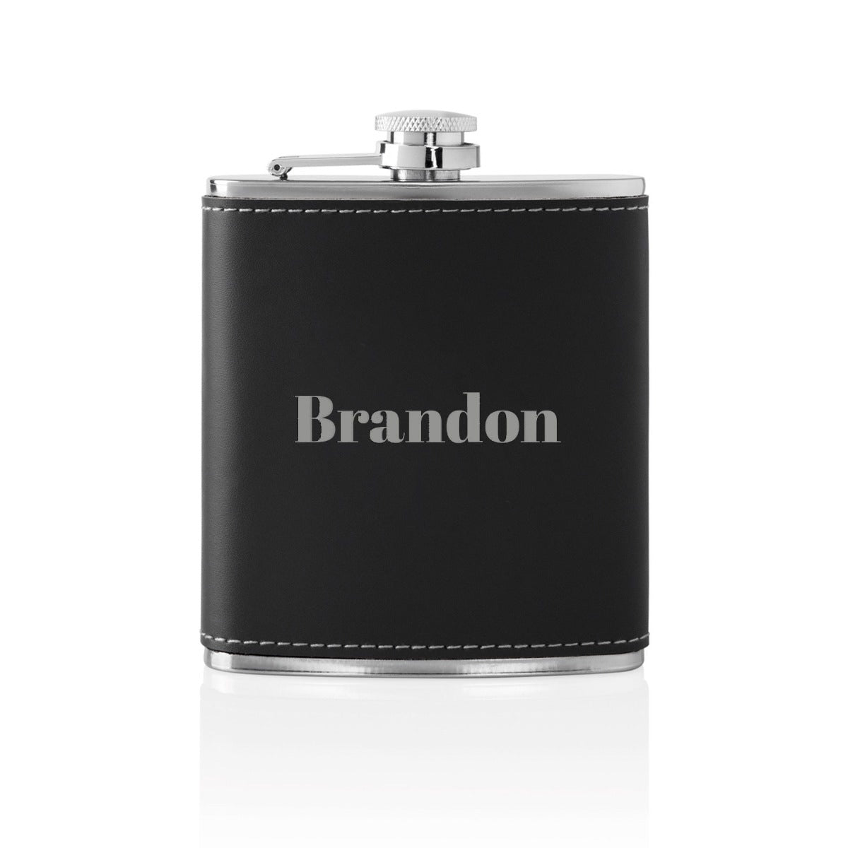 Personalized Leather and Stainless Steel Flask Set close-up detail