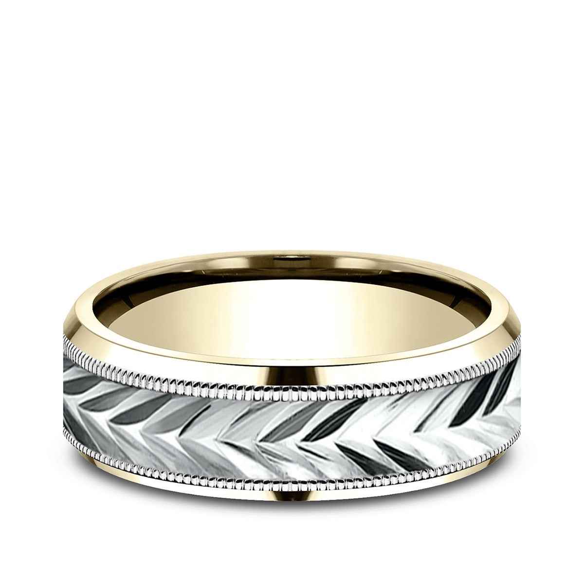 Benchmark Men's 7mm Beveled Edge Carve Wedding Ring in 14K Yellow & White Gold