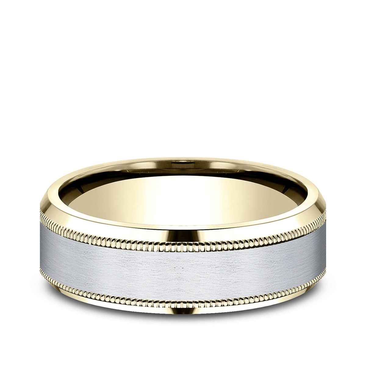 Benchmark Men's 7mm Beveled Edge Milgrain Wedding Ring in 14K Yellow & White Gold