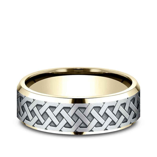 Benchmark Men's 7mm Beveled Edge Celtic Knot Wedding Ring in 14K Yellow & White Gold