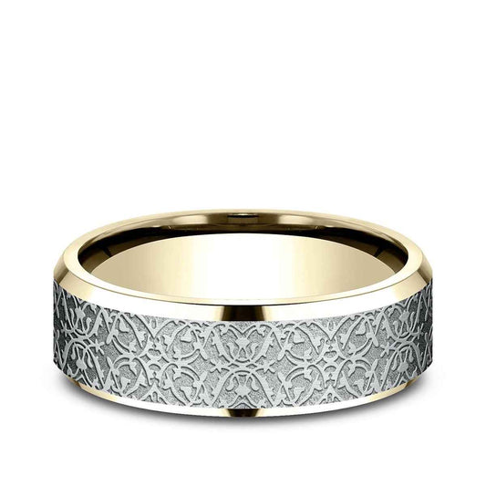 Benchmark Men's 7mm Beveled Edge Ottoman Finish Wedding Ring in 14K Yellow & White Gold