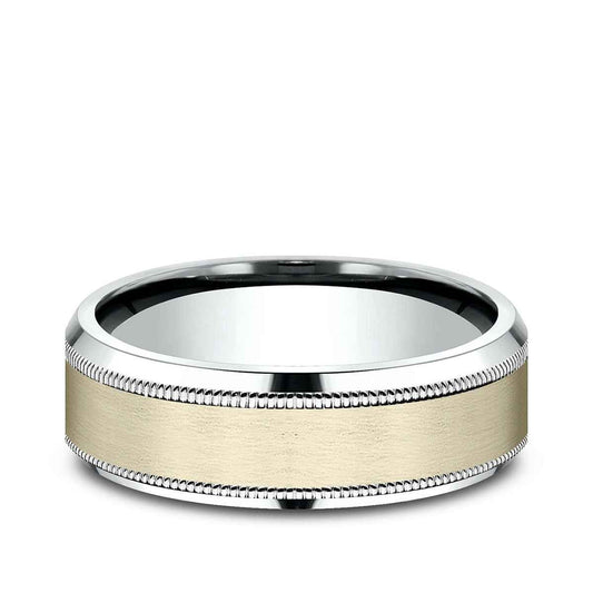 Benchmark Men's 7mm Beveled Edge Milgrain Wedding Ring in 14K White & Yellow Gold