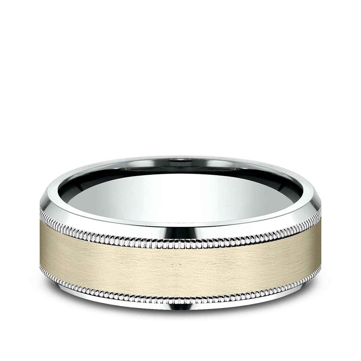 Benchmark Men's 7mm Beveled Edge Milgrain Wedding Ring in 14K White & Yellow Gold