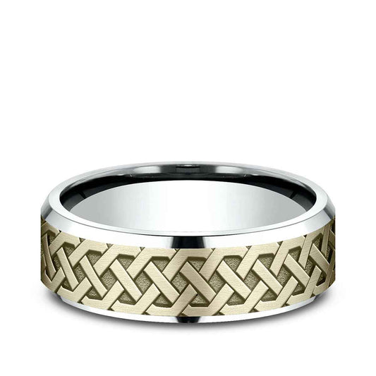 Benchmark Men's 7mm Beveled Edge Celtic Knot Wedding Ring in 14K White & Yellow Gold