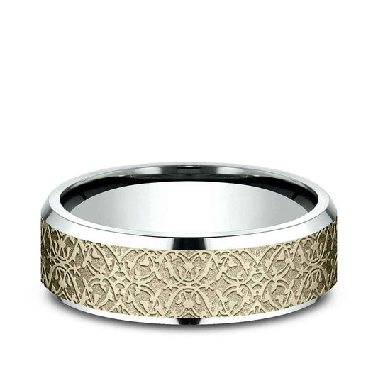 Benchmark Men's 7mm Beveled Edge Ottoman Finish Wedding Ring in 14K White & Yellow Gold