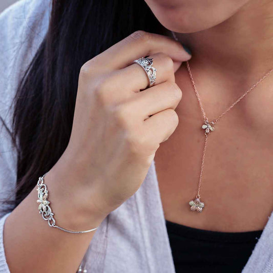 Black Hills Gold Flower Lariat Necklace in Pink Sterling Silver front view