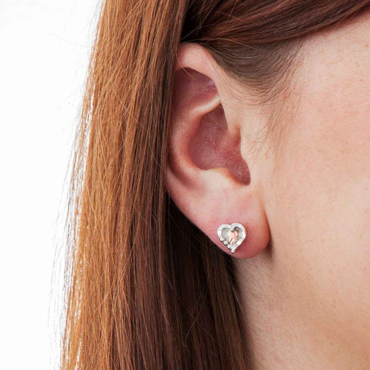 Black Hills Gold Small Pink Leaf Heart Earrings in Sterling Silver front view