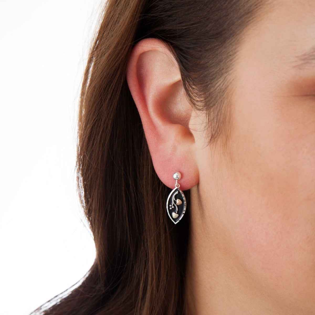 Black Hills Gold Antiqued Marquise Dangle Earrings in Sterling Silver front view