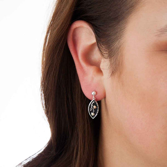 Black Hills Gold Antiqued Marquise Dangle Earrings in Sterling Silver front view