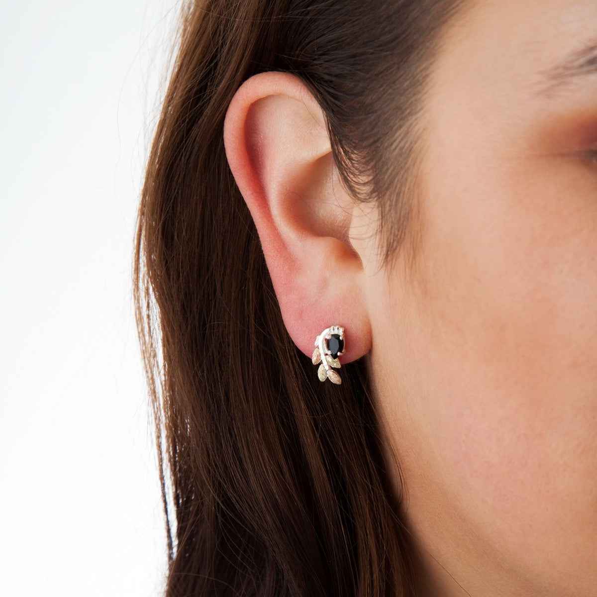 Black Hills Gold Pear Onyx & Leaf Branch Earrings in Sterling Silver front view