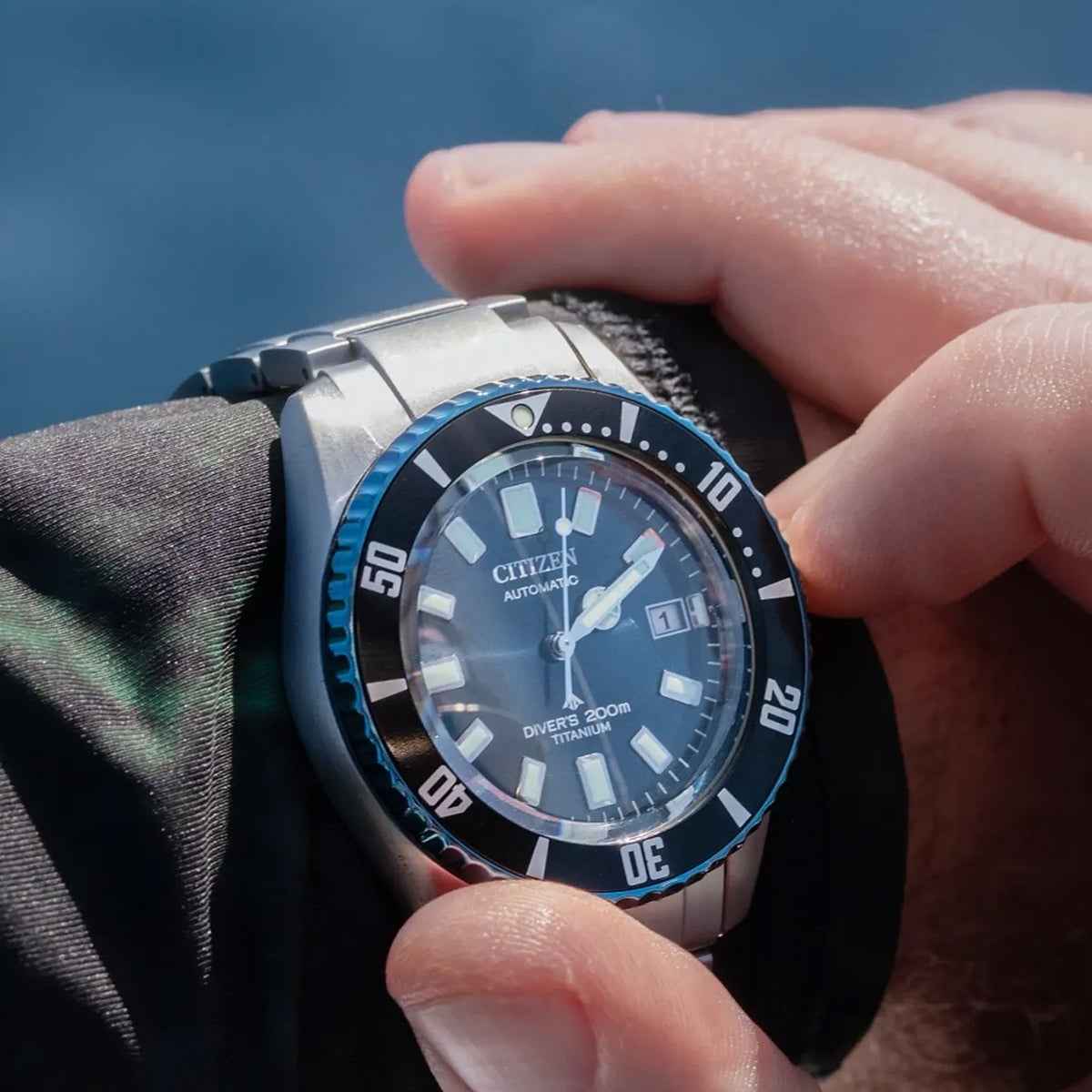 Citizen Men's Promaster Fujitsubo Eco-Drive Titanium Watch with Blue Dial close-up detail