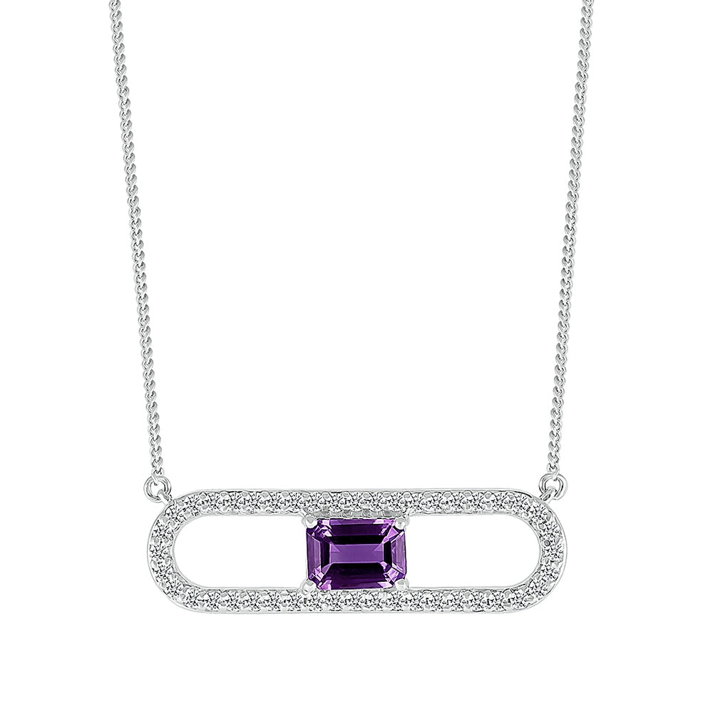 Emerald Cut Amethyst & Created White Sapphire Paperclip Necklace in Sterling Silver