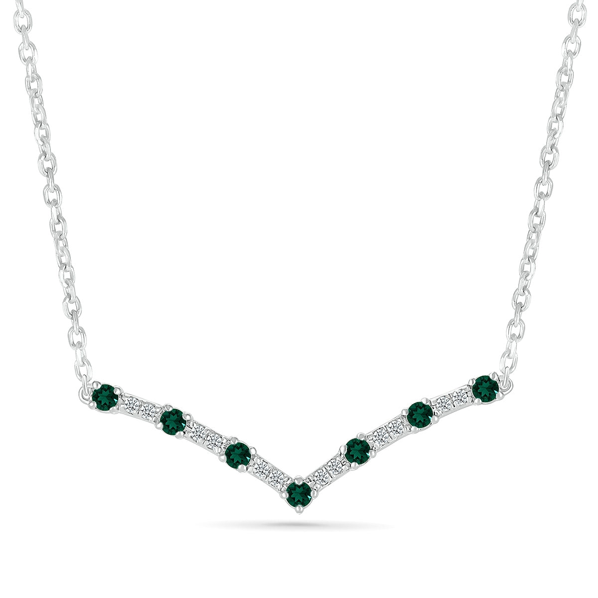 Emerald & Diamond Accent Chevron Bar Necklace in 10K White Gold